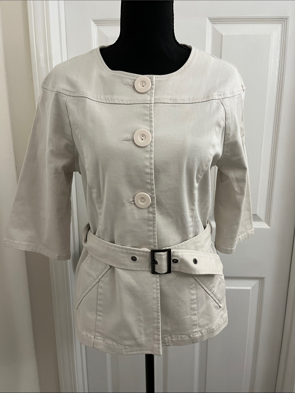 Tulle Cream Belted Button-Front Trench Jacket